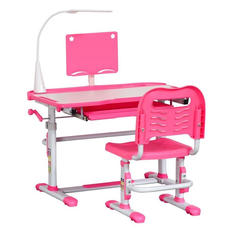 foto del prodotto set scrivania per bambini 6 12 anni con sedia regolabile in altezza. cassetto. luce e piano inclinabile. rosa