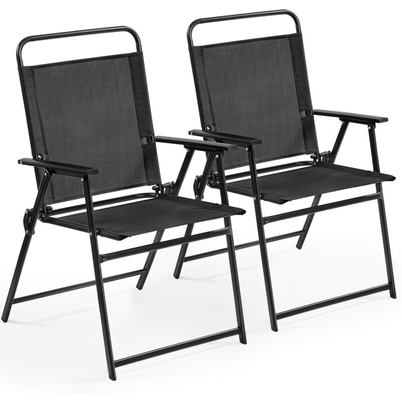 foto del prodotto set sedie da giardino pieghevole da esterno campeggio con braccioli telaio in metallo e seduta in tessuto da balcone portata 100 kg nero 2 pezzi