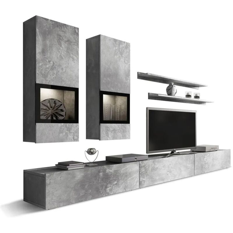 foto del prodotto set soggiorno da parete ramos grigio effetto cemento led multicolori integrati mobile tv vetrine scaffali