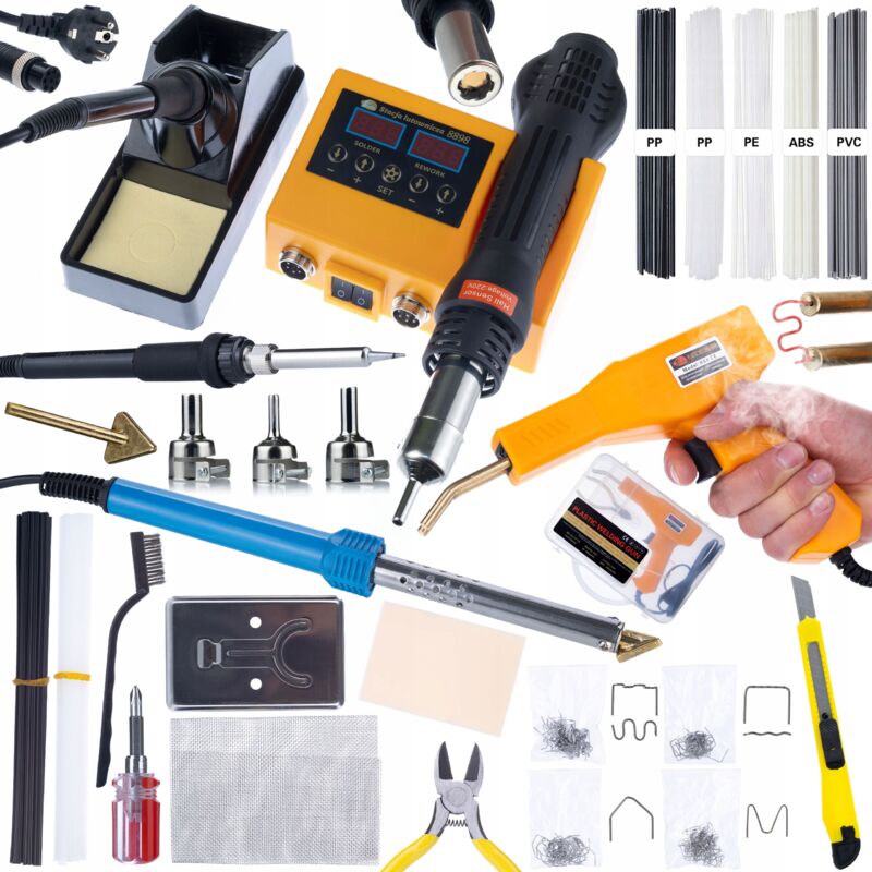 foto del prodotto set stazione saldante rosfix orange husky oh660 saldatore rosfix blue lark 80w bl80w accessori kit prowelder mini stapler 200 graffette