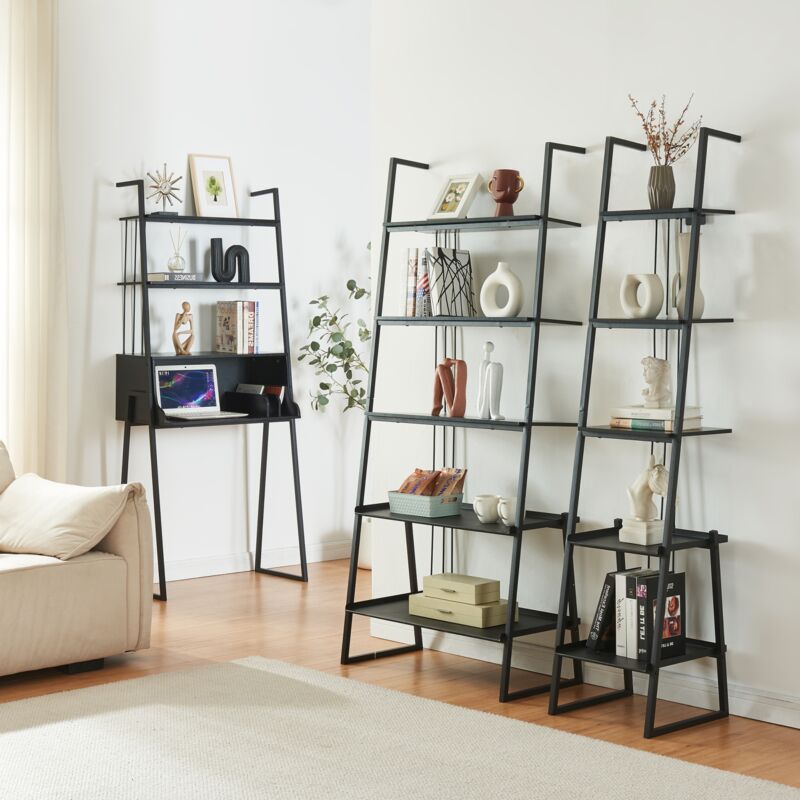 foto del prodotto set storfjord composto di scrivania con ripiani in alto e 2 scaffali a scala - nero en.casa