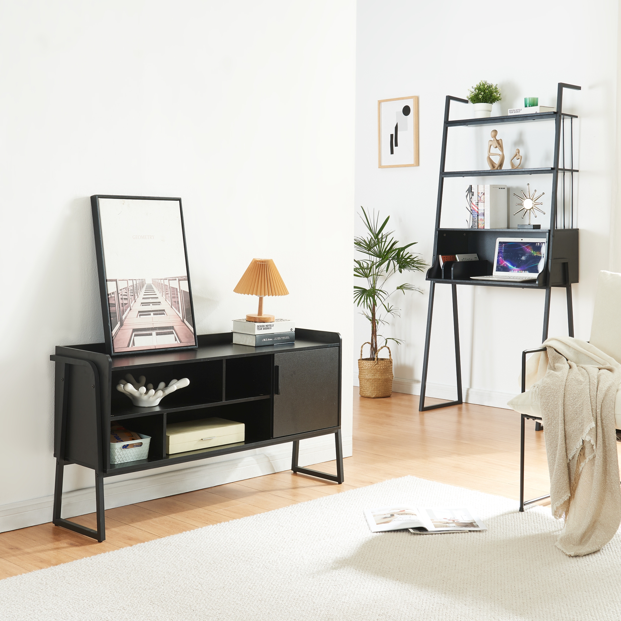 foto del prodotto set storfjord composto di scrivania con ripiani in alto mobile tv nero en.casa 