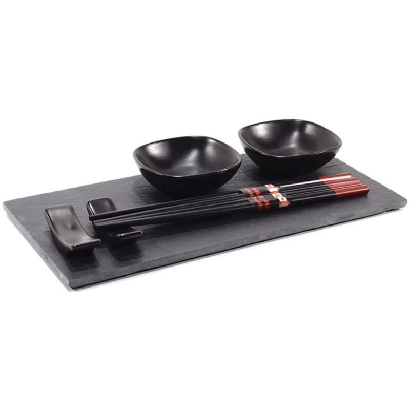 foto del prodotto set sushi composto da 4 bacchette e 2 piatti per salse con vassoio in ardesia trade shop traesio