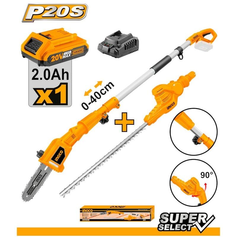 foto del prodotto set tagliasiepi sega potatore asta telescopica a batteria 20v cpts201681 ingco