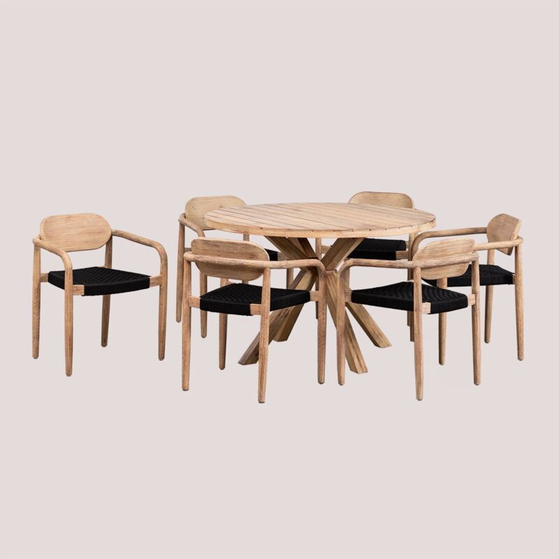 foto del prodotto set tavola rotonda 120 cm e 6 sedie con braccioli da giardino in legno naele sklum