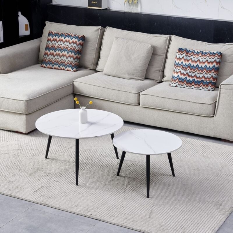 foto del prodotto set tavolini da salotto con piano ceramica effetto marmo bianco lucido e gambe nere bicolor
