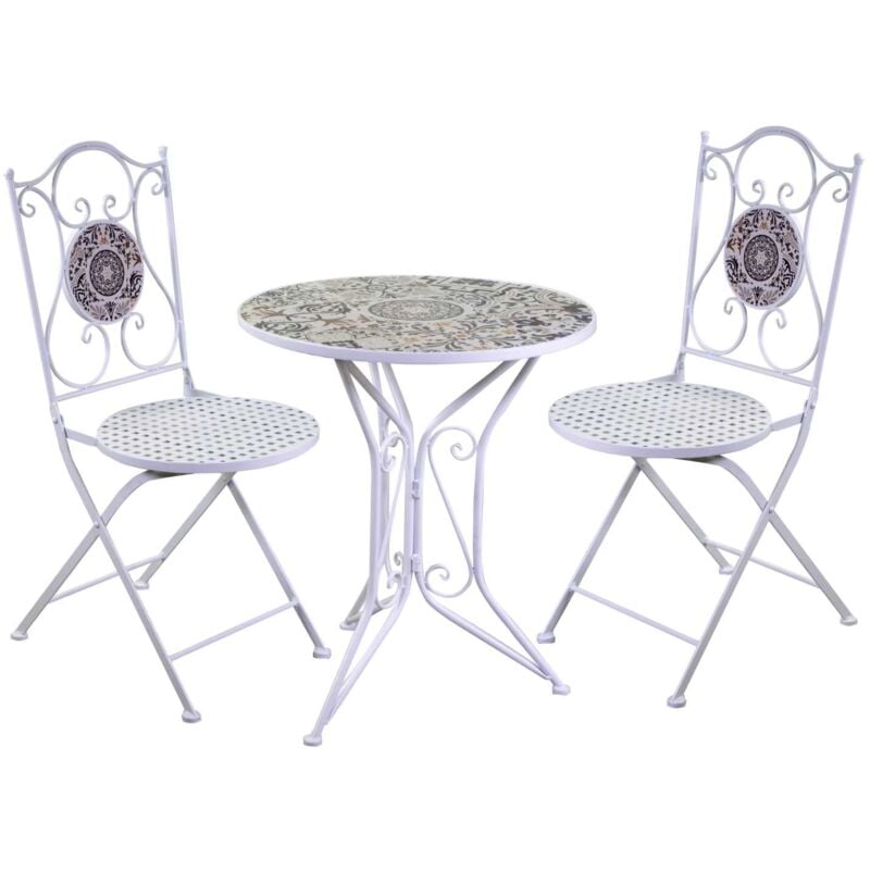 foto del prodotto set tavolino e 2 sedie 60xh71 cm in metallo con mosaico frigole bianco