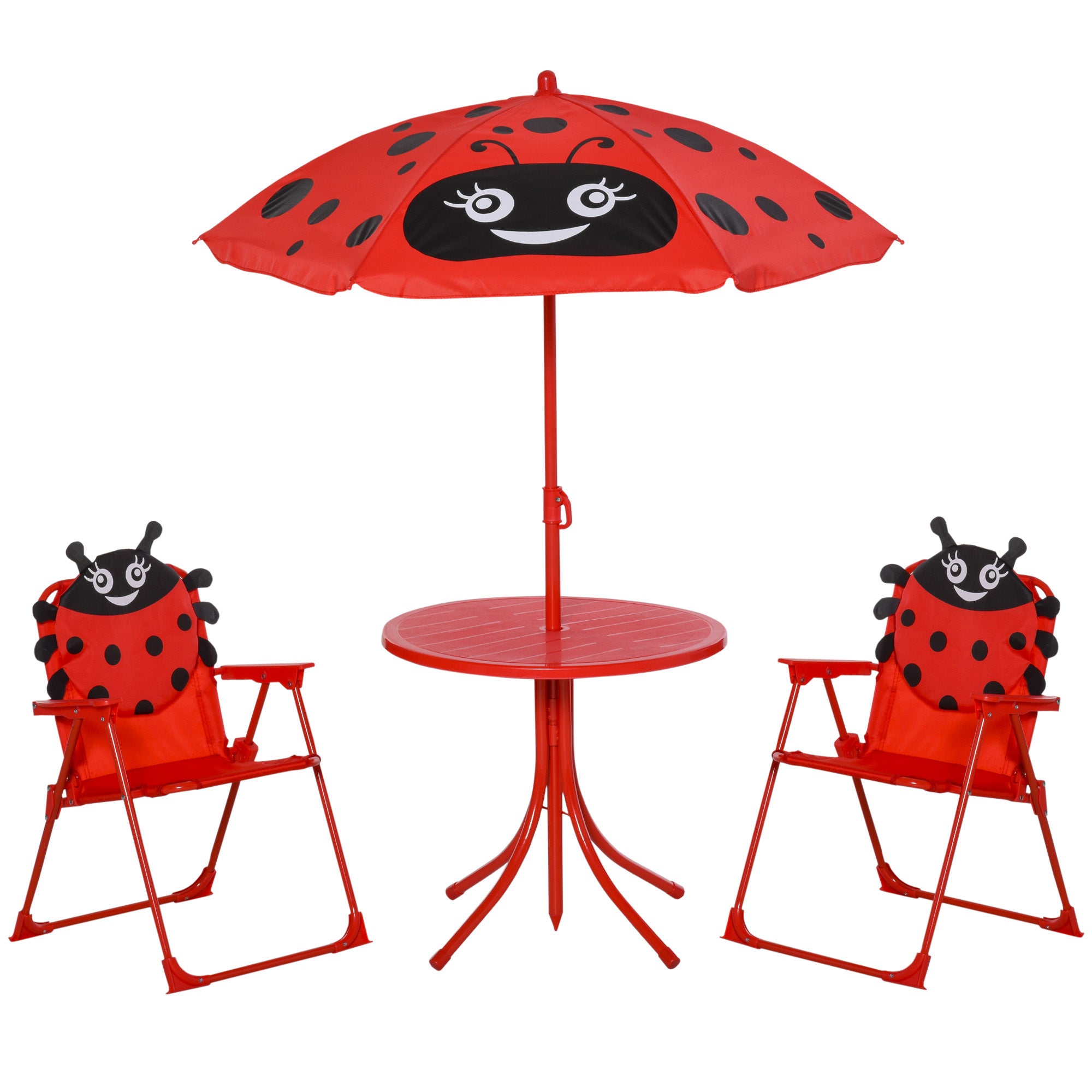 foto del prodotto set tavolino e 2 sedie pieghevoli da giardino per bambini con ombrello rosso coccinella