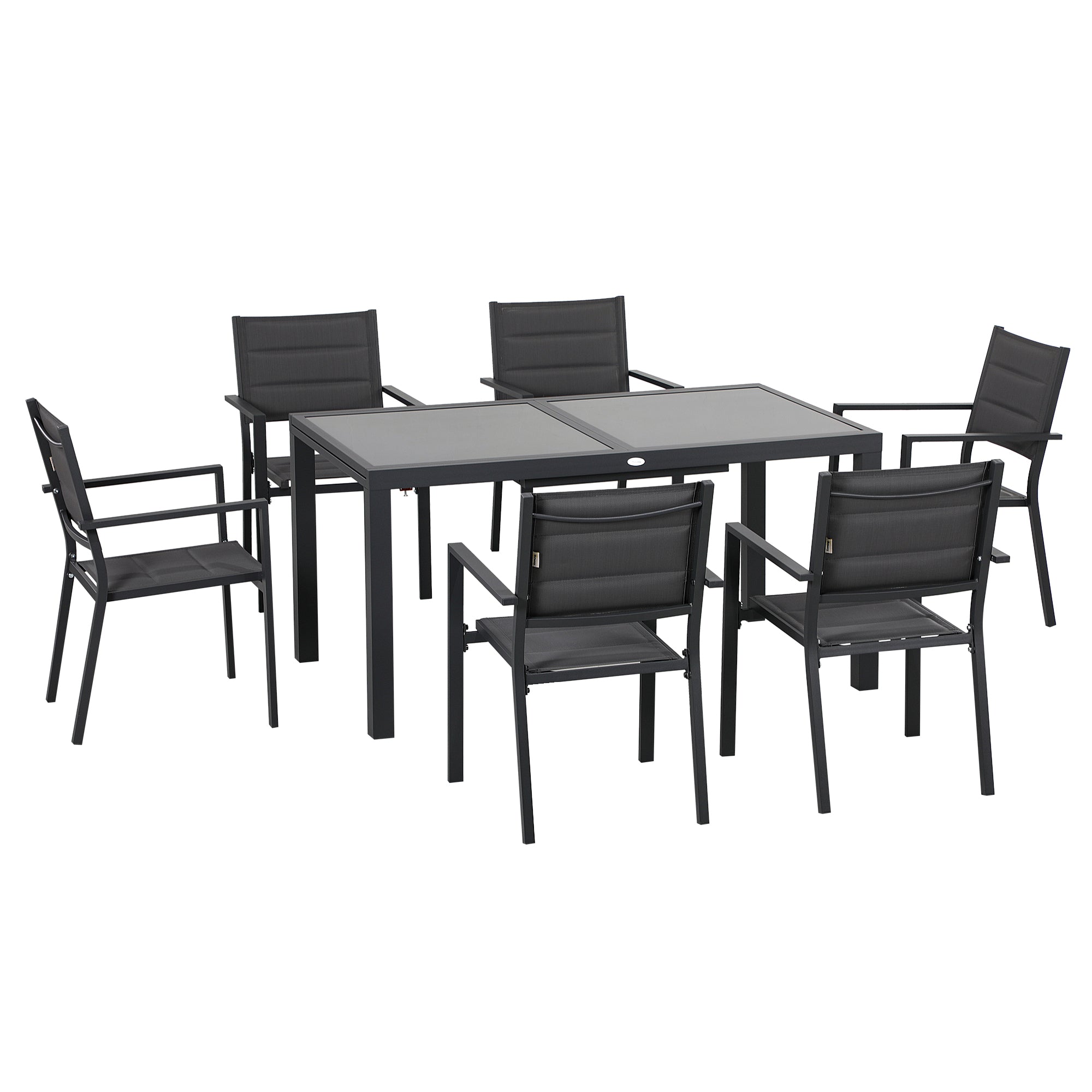 foto del prodotto set tavolo allungabile in vetro e 6 sedie da giardino in alluminio e tessuto a rete grigio scuro