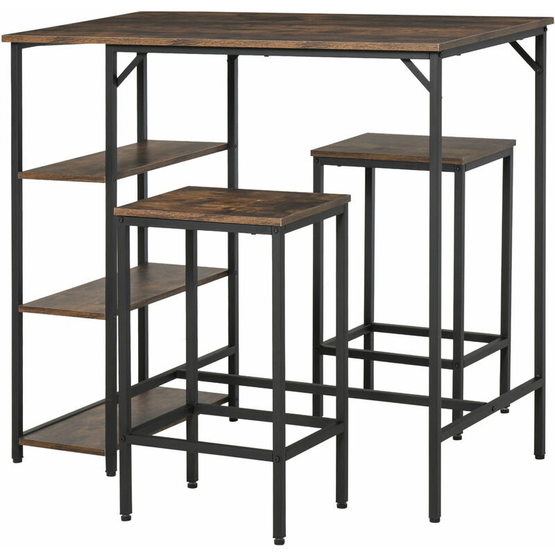 foto del prodotto set tavolo alto stile industriale 2 sgabelli e scaffale metallo e legno homcom