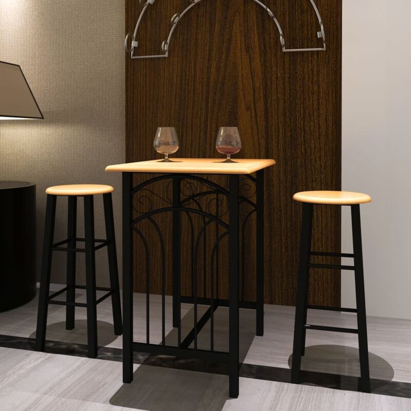 foto del prodotto set tavolo bar alto 2 sgabelli legno e acciaio cucina bar ristorante