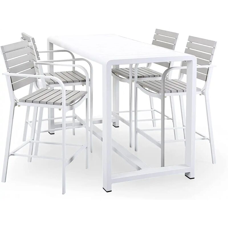 foto del prodotto set tavolo bar con 4 sgabelli alti con bracciolo in alluminio e legno bianco