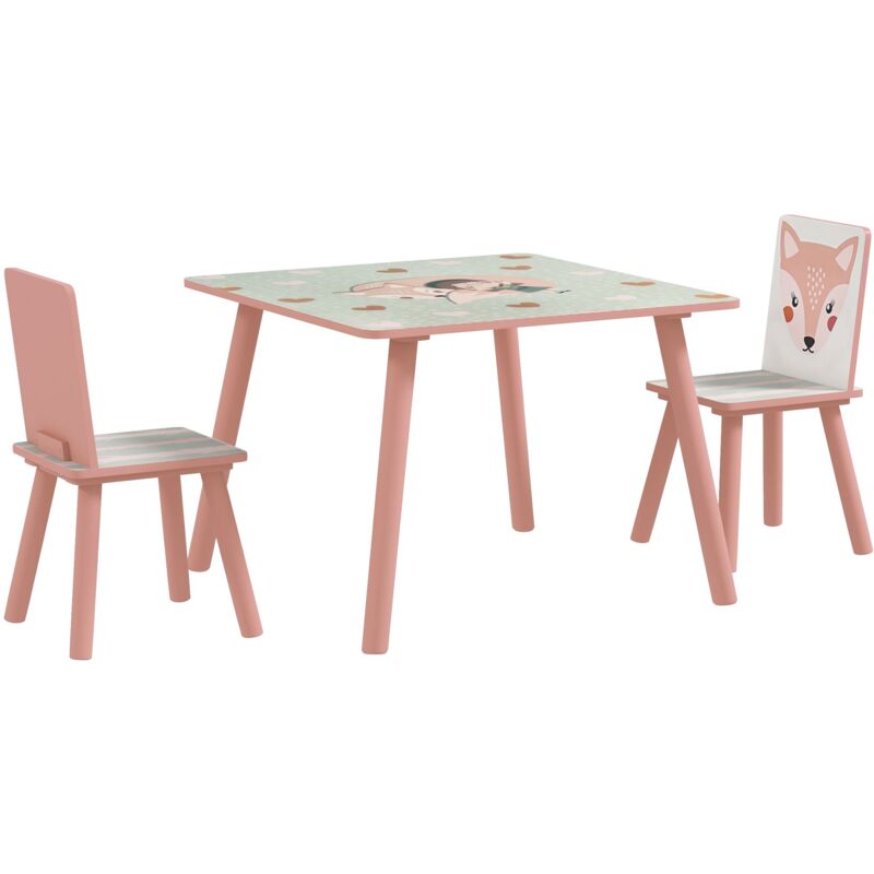 foto del prodotto set tavolo con 2 sedie per bambini in legno di pino e mdf rosa