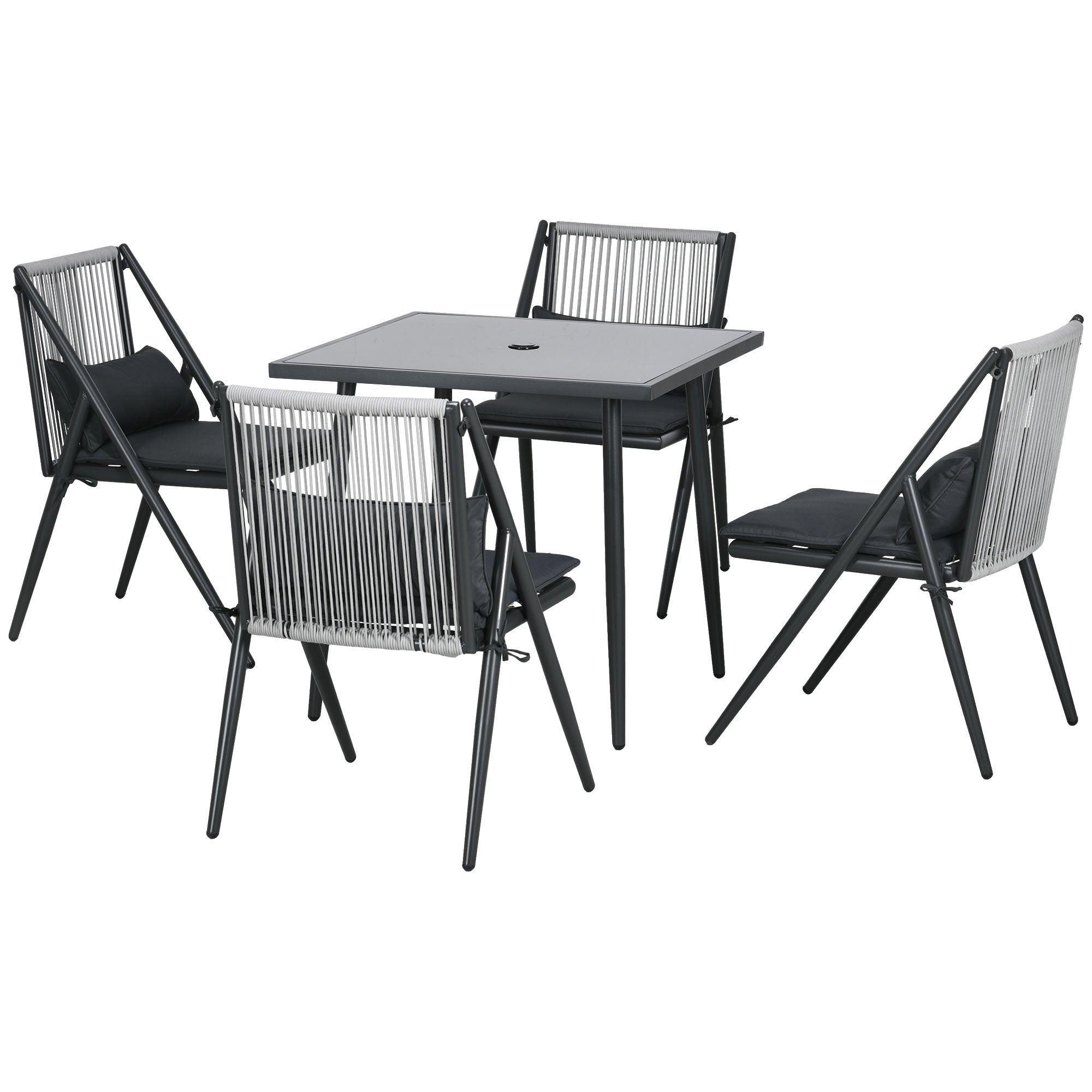 foto del prodotto set tavolo con piano in vetro e 4 sedie da giardino in alluminio e poliestere grigio scuro