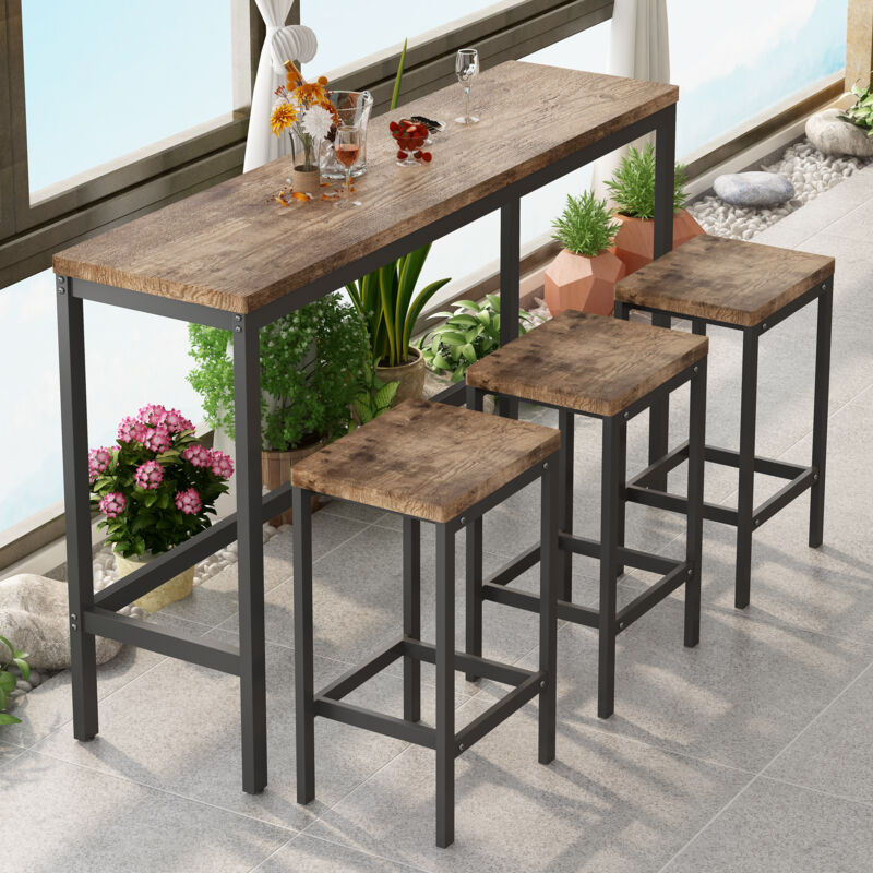 foto del prodotto set tavolo da bar 153x40x90 cm e 3 sgabelli da bar, mdf e metallo, marrone