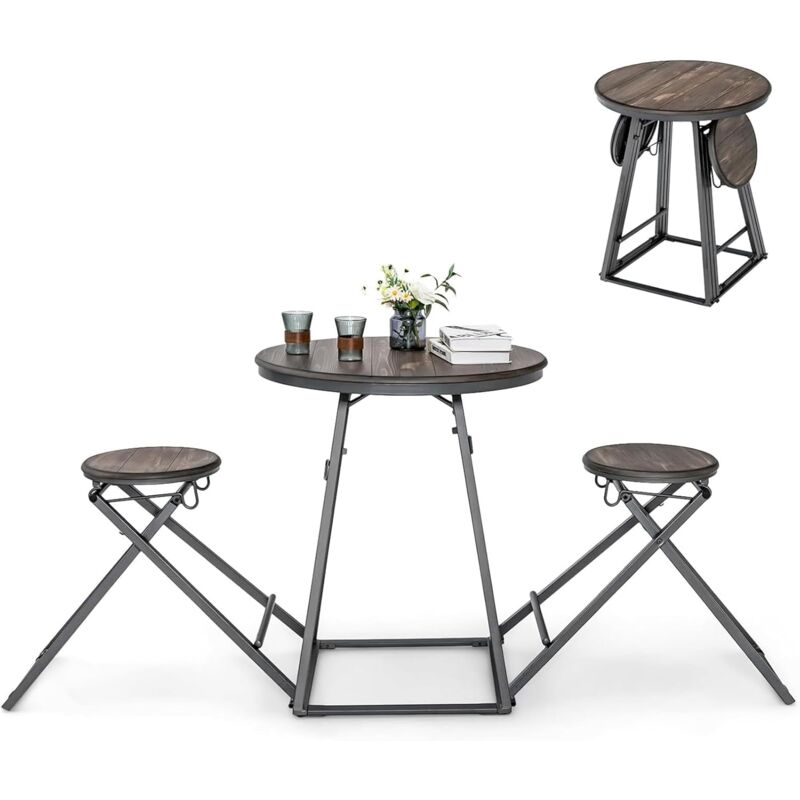 foto del prodotto set tavolo da bar industriale con 2 sgabelli pieghevoli, tavolo da cucina alto con robusta struttura in metallo,per appartamento caf bistrot