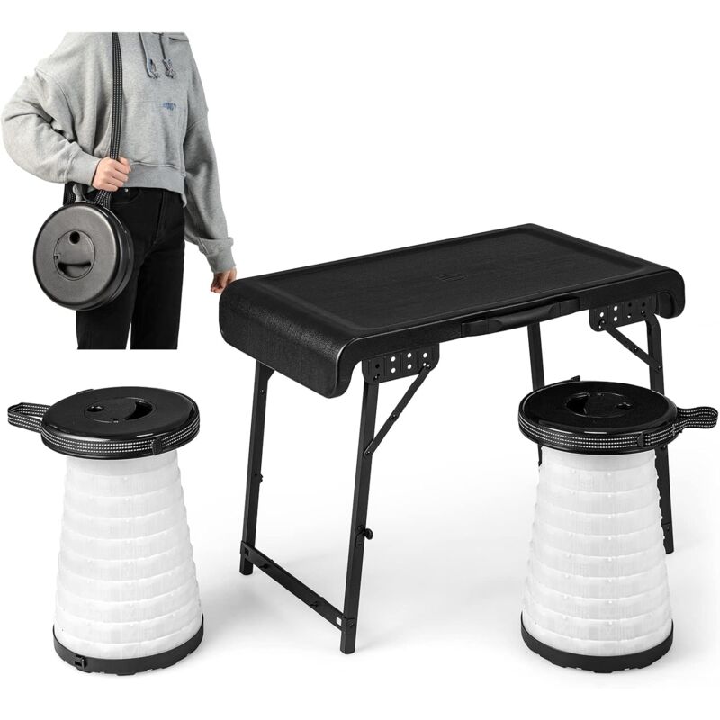 foto del prodotto set tavolo da campeggio con 2 sgabelli led pieghevole, set tavolino richiudibile in valigetta portatili, con maniglia, leggero, per giardino picnic