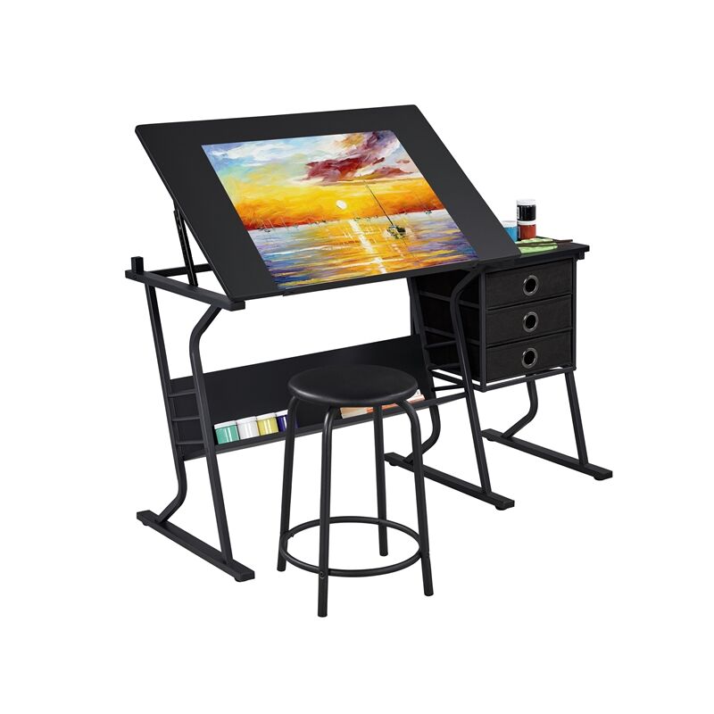 foto del prodotto set tavolo da disegno inclinabile con sgabello con 3 cassetti vassoio toggle scrivania per disegnatore architetto pittore nero yaheetech