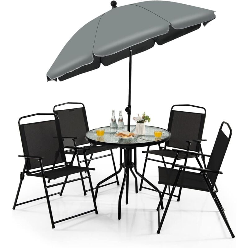 foto del prodotto set tavolo da patio con ombrellone regolabile 6 pezzi, tavolo rotondo da 80 cm e 4 sedie pieghevoli, telaio in acciaio robusto, base incorporata, set