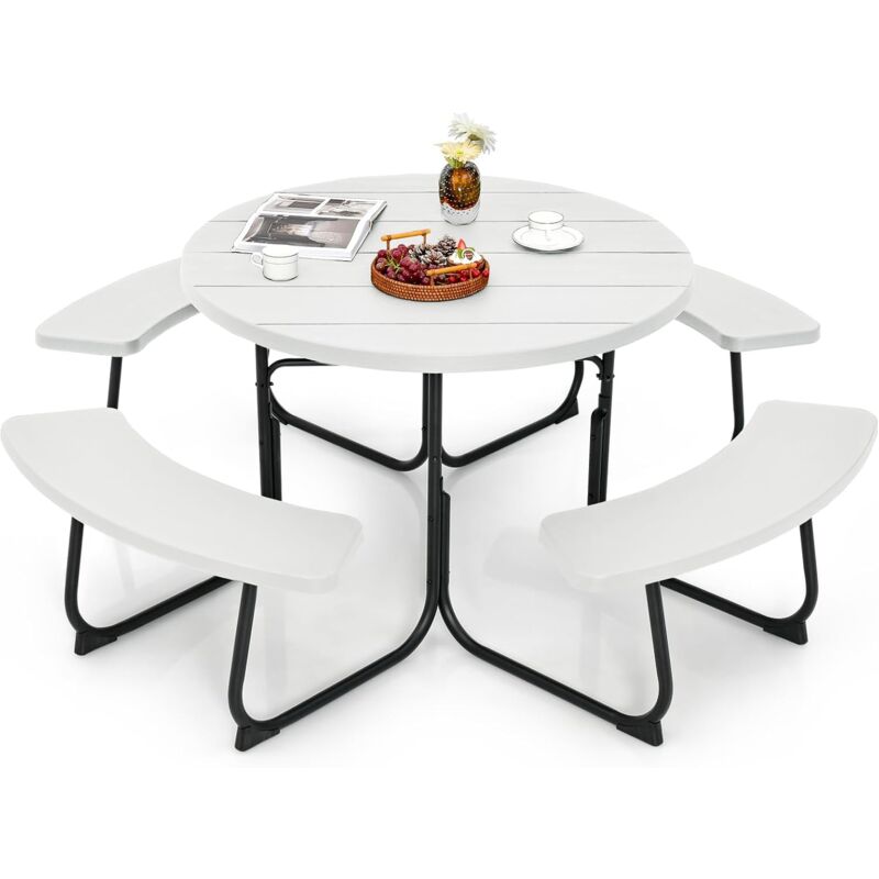 foto del prodotto set tavolo da picnic con 8 posti, tavolo da picnic rotondo con 4 panche e foro per ombrellone, tavolo da campeggio resistente in metallo, per