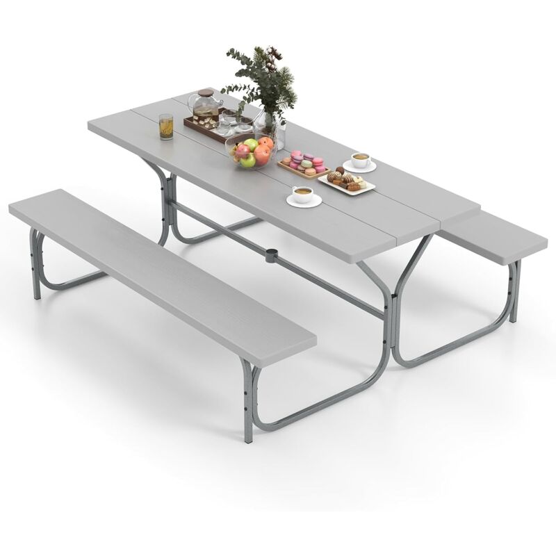 foto del prodotto set tavolo da picnic con panca da 183 cm, tavolo da campeggio con 2 panche per 8 persone, foro per ombrellone, per giardino, campeggio, terrazza,