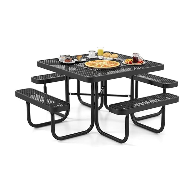 foto del prodotto set tavolo da picnic da giardino con 4 panche, tavolo da picnic rettangolare 116cm con 8 posti, con foro per ombrellone, in metallo, per giardino,