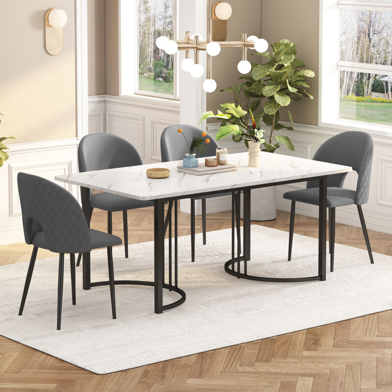 foto del prodotto set tavolo da pranzo 140 x 80 cm con 4 sedie, gambe regolabili con motivo a rombi, velluto grigio, piano in mdf bianco, gambe nere