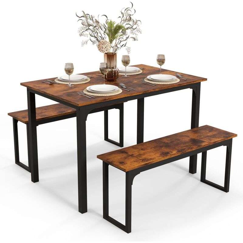foto del prodotto set tavolo da pranzo con 2 panche, con struttura in metallo, per 4 persone, d esign industriale,110 x 70 x 75 cm marrone relax4life