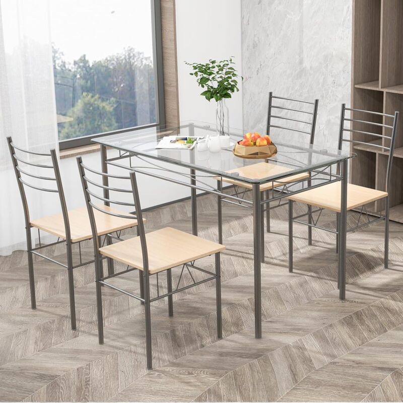 foto del prodotto set tavolo da pranzo con 4 sedie con schienale alto, tavolo da pranzo in vetro 107x70x76 cm con struttura in metallo, stile moderno per sala da