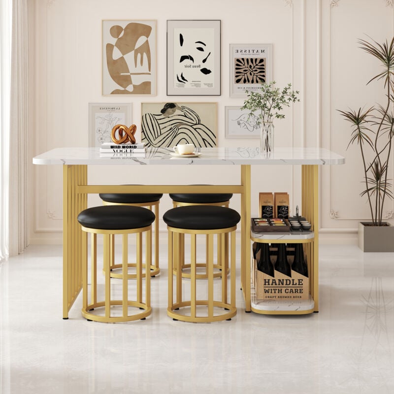 foto del prodotto set tavolo da pranzo con 4 sedie tavolo rettangolare con contenitore 140 80 75 cm struttura in metallo bianco e naturale