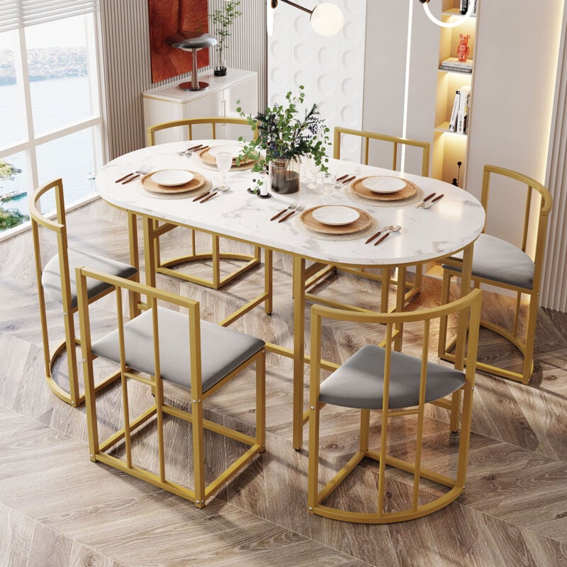 foto del prodotto set tavolo da pranzo con sei sedie tavolo bianco, sedie con schienale e rivestimento grigio, struttura in ferro dorato , set tavolo e sedie,