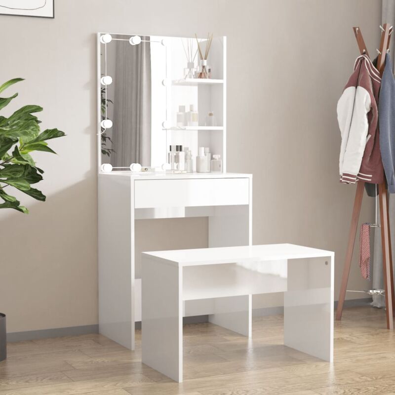 foto del prodotto set tavolo da toeletta a led con sgabello 60 x 40 x140 cm vari colori colore bianco lucido