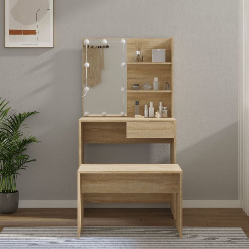 foto del prodotto set tavolo da toeletta a led con sgabello 74 5 x 40 x 141 cm vari colori colore marrone chiaro