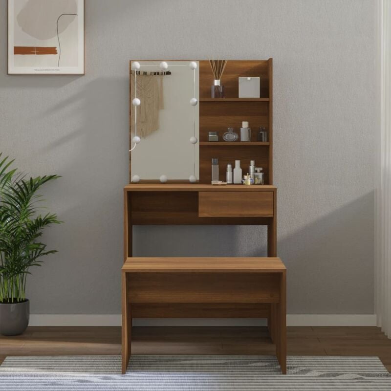 foto del prodotto set tavolo da toeletta a led con sgabello 74 5 x 40 x 141 cm vari colori colore marrone scuro