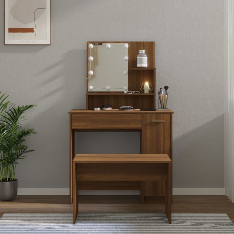 foto del prodotto set tavolo da toeletta a led con sgabello 86 5 x 35 x 136 cm vari colori colore marrone scuro