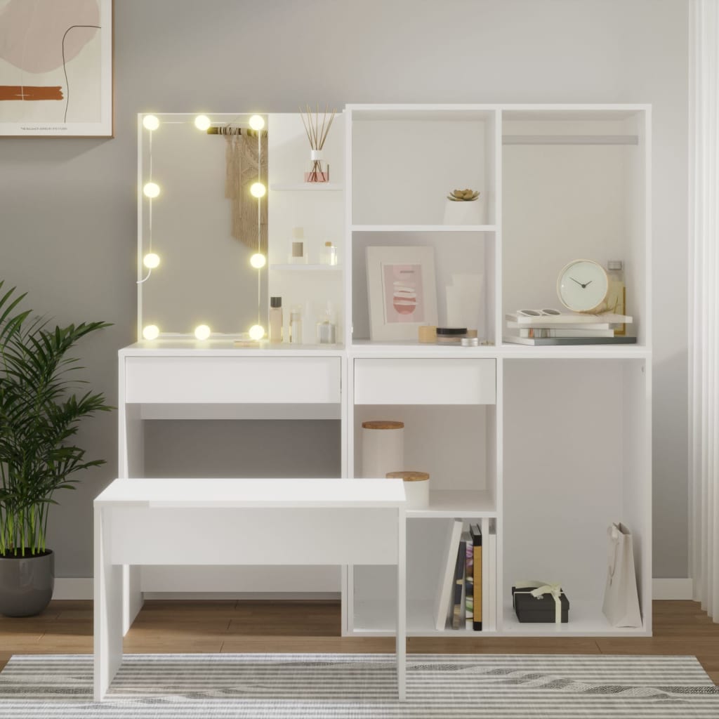 foto del prodotto set tavolo da toeletta bianco con led in legno multistrato