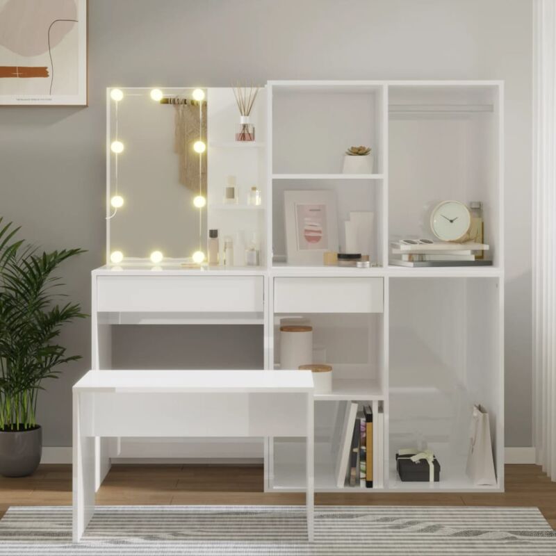 foto del prodotto set tavolo da toeletta bianco lucido con led legno multistrato vidaxl