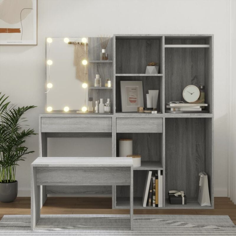 foto del prodotto set tavolo da toeletta con led grigio sonoma legno multistrato vidaxl
