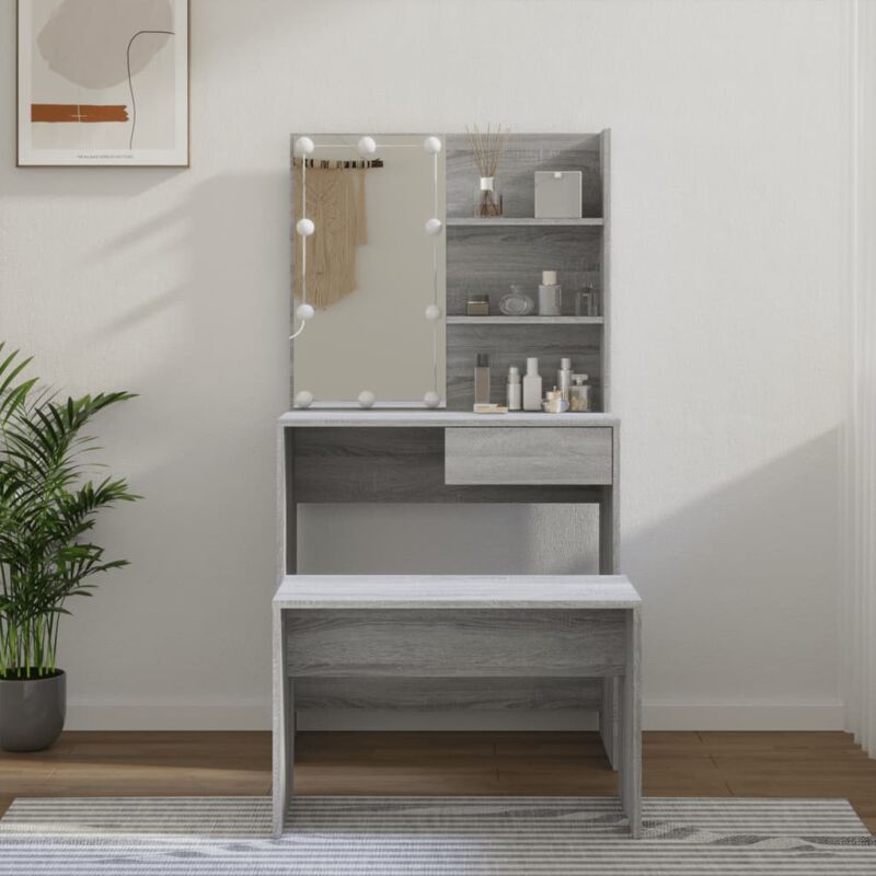 foto del prodotto set tavolo da toeletta con led grigio sonoma legno multistrato vidaxl
