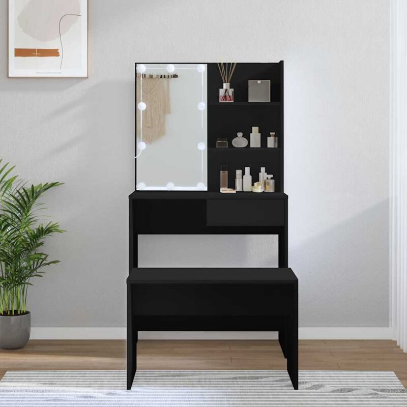 foto del prodotto set tavolo da toeletta con led nero in legno multistrato