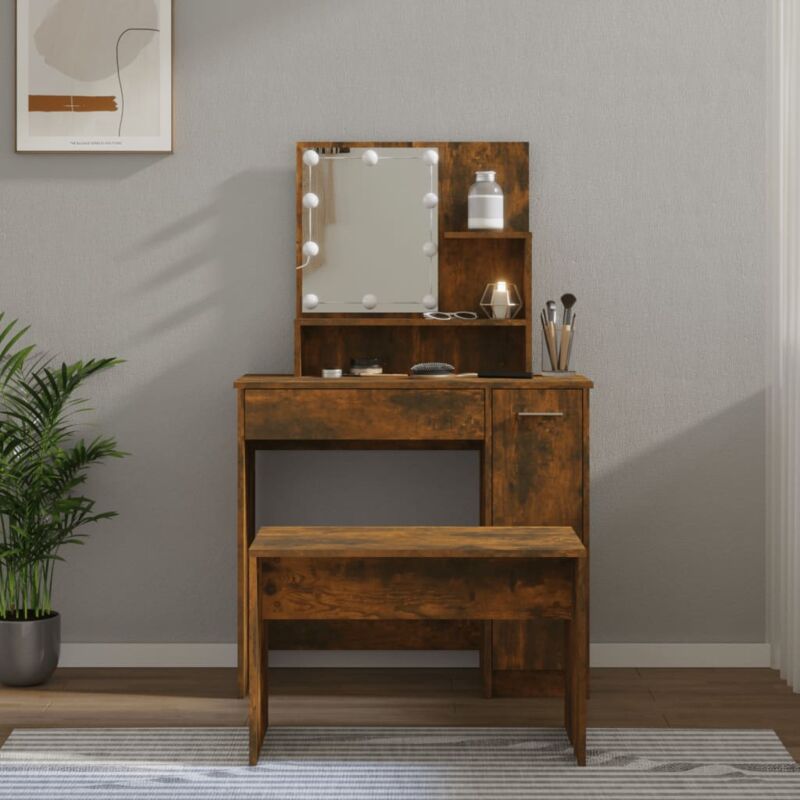foto del prodotto set tavolo da toeletta con led rovere fumo in legno multistrato vidaxl