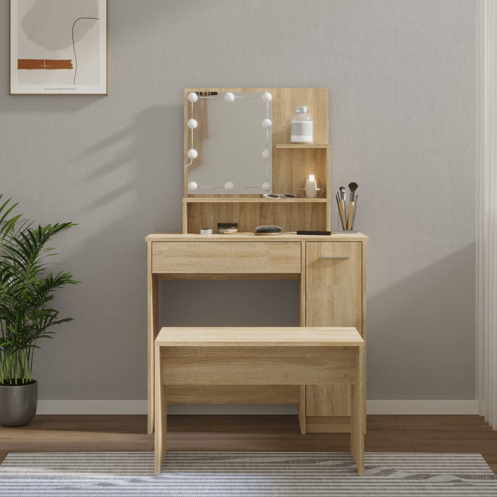 foto del prodotto set tavolo da toeletta con led rovere sonoma legno multistrato vidaxl