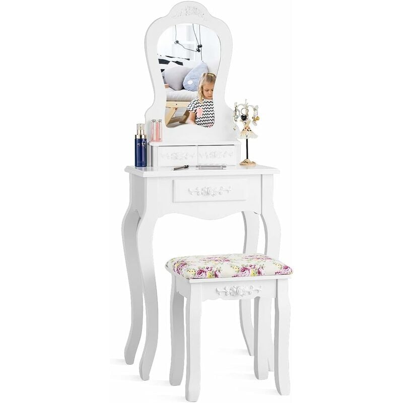 foto del prodotto set tavolo da toeletta e sgabello imbottito, set da trucco con specchio ad alta definizione, tavolo da trucco con gambe in legno massello di pino, 50