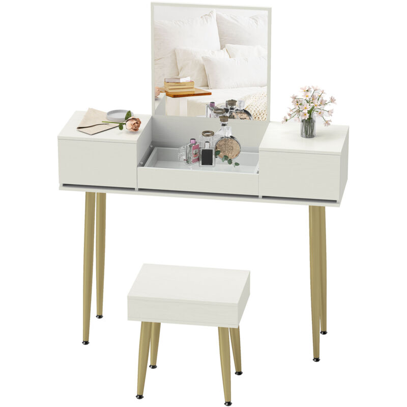 foto del prodotto set tavolo da trucco con 3 cassetti e specchio con sgabello bianco homcom