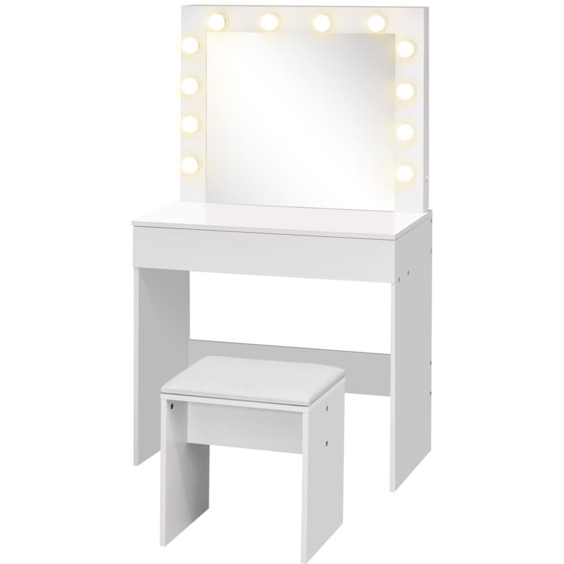 foto del prodotto set tavolo da trucco con specchio 12 luci led e sgabello in legno bianco homcom