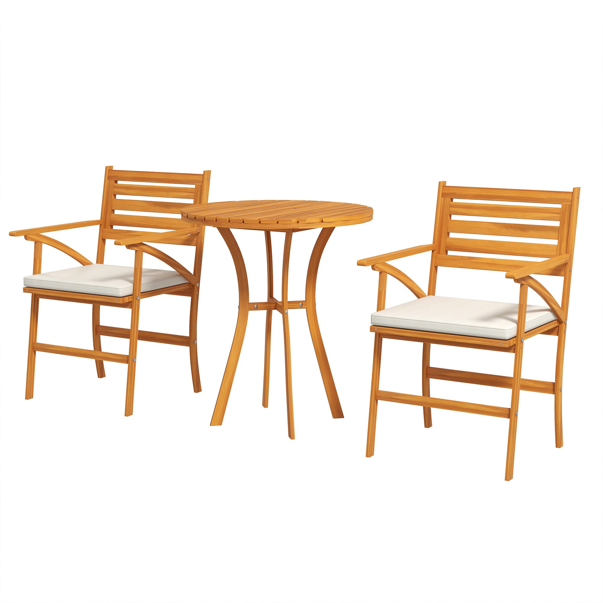 foto del prodotto set tavolo e 2 sedie con cuscini da giardino in legno di pino naturale