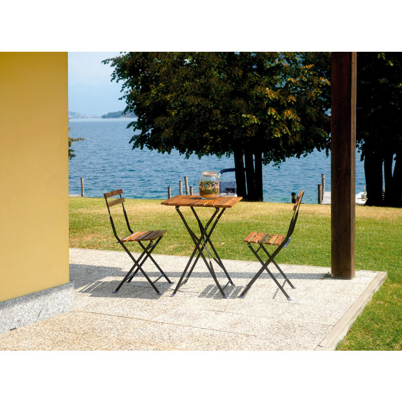foto del prodotto set tavolo e 2 sedie da giardino pieghevoli bistr in ferro e legno di acacia