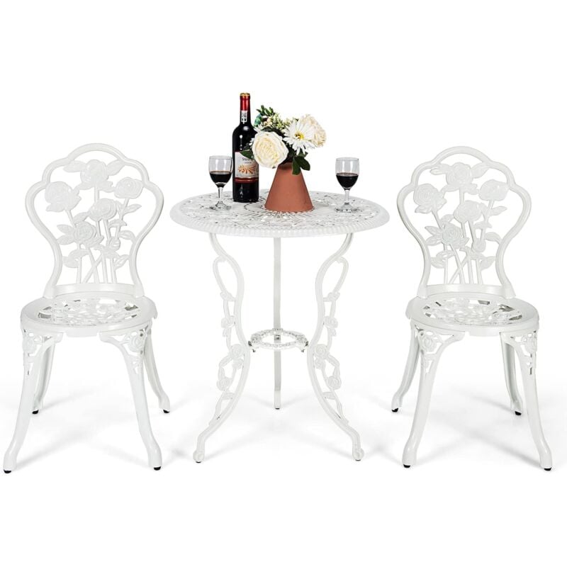 foto del prodotto set tavolo e 2 sedie da giardino, tavoli e sedie decorati con modelli rose, set mobile 3 pezzi in alluminio e ferro, struttura robusta e buona