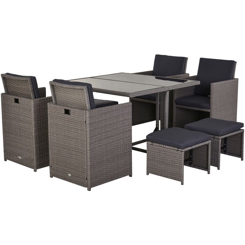 foto del prodotto set tavolo e 4 sedie da giardino in rattan sintetico e acciaio con 4 poggiapiedi grigio