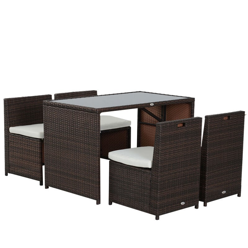 foto del prodotto set tavolo e 4 sedie da giardino in rattan sintetico e acciaio con cuscini marrone